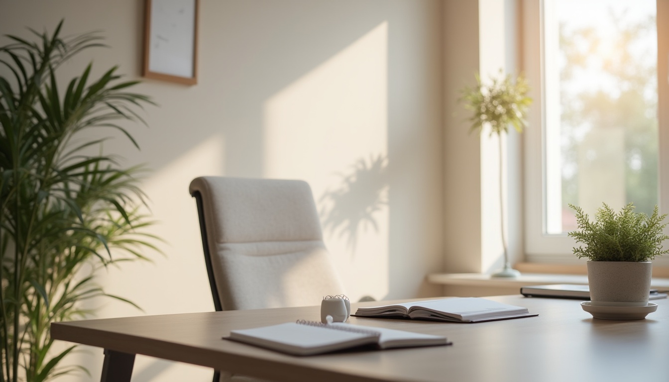 organized modern coaching workspace with ergonomic chair and calm decor highlighting executive functioning support for neurodivergent clients